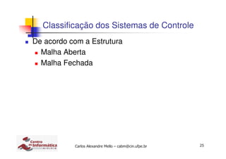 25Carlos Alexandre Mello – cabm@cin.ufpe.br
De acordo com a Estrutura
Malha Aberta
Malha Fechada
Classificação dos Sistemas de Controle
 
