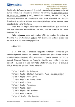 Direito Processual do Trabalho – Analista Judiciário TRT 12
Teoria e exercícios comentados
Prof. Eduardo Campos – Aula 00
Prof. Eduardo Campos www.estrategiaconcursos.com.br 11 de 32
Magistrados do Trabalho, cabendo-lhe, dentre outras funções, regulamentar os
cursos oficiais para o ingresso e promoção na carreira; e o Conselho Superior
da Justiça do Trabalho (CSJT), cabendo-lhe exercer, na forma da lei, a
supervisão administrativa, orçamentária, financeira e patrimonial da Justiça do
Trabalho de primeiro e segundo graus, como órgão central do sistema, cujas
decisões terão efeito vinculante.
Esses dois são órgãos essencialmente administrativos, que auxiliam o
TST nas atividades extra-judiciais, ou seja, fora do exercício do Poder
Judiciário em si.
Muito cuidado: esses dois órgãos NÃO são órgãos da Justiça do
Trabalho, mas sim funcionam junto ao TST. Examinador gosta de colocar isso
na prova, mas não caia nesse pegadinha!
a.2) os TRTs
Já os TRT são a chamada “segunda instância”, compostos por
Desembargadores Federais do Trabalho, responsáveis pela análise recursal
primária das sentenças dos Juízes, via de regra. Existem, no Brasil, 24 (vinte e
quatro) Tribunais Regionais do Trabalho, divididos por região (e não por
estado!) – cuidado com isso, nem todo estado tem seu próprio e exclusivo
TRT, e tem estado que tem 2 TRTs. São eles:
TRT da 1ª Região – Rio de Janeiro
TRT da 2ª Região – São Paulo (grande São Paulo e baixada santista)
TRT da 3ª Região – Minas Gerais
TRT da 4ª Região – Rio Grande do Sul
TRT da 5ª Região – Bahia
TRT da 6ª Região – Pernambuco
TRT da 7ª Região – Ceará
TRT da 8ª Região – Pará e Amapá
TRT da 9ª Região – Paraná
TRT da 10ª Região – DF e Tocantins
 