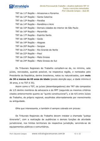 Direito Processual do Trabalho – Analista Judiciário TRT 12
Teoria e exercícios comentados
Prof. Eduardo Campos – Aula 00
Prof. Eduardo Campos www.estrategiaconcursos.com.br 12 de 32
TRT da 11ª Região – Amazonas e Roraima
TRT da 12ª Região – Santa Catarina
TRT da 13ª Região – Paraíba
TRT da 14ª Região – Rondônia e Acre
TRT da 15ª Região – Demais cidades do interior de São Paulo
TRT da 16ª Região – Maranhão
TRT da 17ª Região – Espírito Santo
TRT da 18ª Região – Goiás
TRT da 19ª Região – Alagoas
TRT da 20ª Região – Sergipe
TRT da 21ª Região – Rio Grande do Norte
TRT da 22ª Região – Piauí
TRT da 23ª Região – Mato Grosso
TRT da 24ª Região – Mato Grosso do Sul
Os Tribunais Regionais do Trabalho compõem-se de, no mínimo, sete
juízes, recrutados, quando possível, na respectiva região, e nomeados pelo
Presidente da República, dentre brasileiros, natos ou naturalizados, com mais
de 30 e menos de 65 anos de idade (preste atenção aqui, a idade mínima é
30 anos, e no TST é 35).
Assim como o TST, os juízes (desembargadores) dos TRT são compostos
de 1/5 dentre membros da advocacia e do MPT (seguindo os mesmos critérios
citados anteriormente quanto ao “quinto constitucional”), e de 4/5 entre Juízes
do Trabalho, do próprio regional, escolhidos alternadamente por merecimento
ou antiguidade.
Olha que interessante, e também é sempre cobrado em provas:
Os Tribunais Regionais do Trabalho devem instalar a chamada “justiça
itinerante”, com a realização de audiências e demais funções de atividade
jurisdicional, nos limites territoriais da respectiva jurisdição, servindo-se de
equipamentos públicos e comunitários.
 