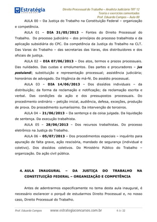 Direito Processual do Trabalho – Analista Judiciário TRT 12
Teoria e exercícios comentados
Prof. Eduardo Campos – Aula 00
Prof. Eduardo Campos www.estrategiaconcursos.com.br 4 de 32
AULA 00 – Da Justiça do Trabalho na Constituição Federal – organização
e competência.
AULA 01 – DIA 31/05/2013 – Fontes do Direito Processual do
Trabalho. Do processo judiciário – dos princípios do processo trabalhista e da
aplicação subsidiária do CPC. Da competência da Justiça do Trabalho na CLT.
Das Varas do Trabalho – das secretarias das Varas, dos distribuidores e dos
oficiais de justiça.
AULA 02 – DIA 07/06/2013 – Dos atos, termos e prazos processuais.
Das nulidades. Das custas e emolumentos. Das partes e procuradores – jus
postulandi; substituição e representação processual; assistência judiciária;
honorários de advogado. Da litigância de má-fé. Do assédio processual.
AULA 03 – DIA 14/06/2013 – Dos dissídios individuais – da
distribuição; da forma da reclamação e notificação; da reclamação escrita e
verbal. Das condições da ação e dos pressupostos processuais. Do
procedimento ordinário – petição inicial, audiência, defesa, exceções, produção
de prova. Do procedimento sumaríssimo. Da intervenção de terceiros.
AULA 04 – 21/06/2013 – Da sentença e da coisa julgada. Da liquidação
de sentença. Da execução trabalhista.
AULA 05 – 28/06/2013 – Dos recursos trabalhistas. Do processo
eletrônico na Justiça do Trabalho.
AULA 06 – 05/07/2013 – Dos procedimentos especiais – inquérito para
apuração de falta grave, ação rescisória, mandado de segurança (individual e
coletivo). Dos dissídios coletivos. Do Ministério Público do Trabalho –
organização. Da ação civil pública.
4. AULA INAUGURAL – DA JUSTIÇA DO TRABALHO NA
CONSTITUIÇÃO FEDERAL – ORGANIZAÇÃO E COMPETÊNCIA
Antes de adentrarmos especificamente no tema desta aula inaugural, é
necessário esclarecer o porquê de estudarmos Direito Processual e, no nosso
caso, Direito Processual do Trabalho.
 