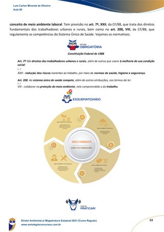13
conceito de meio ambiente laboral. Tem previsão no art. 7º, XXII, da CF/88, que trata dos direitos
fundamentais dos trabalhadores urbanos e rurais, bem como no art. 200, VIII, da CF/88, que
regulamenta as competências do Sistema Único de Saúde. Vejamos os normativos:
Constituição Federal de 1988
Art. 7º São direitos dos trabalhadores urbanos e rurais, além de outros que visem à melhoria de sua condição
social:
(...)
XXII - redução dos riscos inerentes ao trabalho, por meio de normas de saúde, higiene e segurança;
Art. 200. Ao sistema único de saúde compete, além de outras atribuições, nos termos da lei:
(...)
VIII - colaborar na proteção do meio ambiente, nele compreendido o do trabalho.
Luis Carlos Miranda de Oliveira
Aula 00
Direito Ambiental p/ Magistratura Estadual 2021 (Curso Regular)
www.estrategiaconcursos.com.br
 