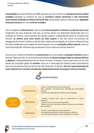 29
contemplado pela Carta Política de 1988. Assevera que há no Brasil um antropocentrismo jurídico
ecológico (alargado ou relativo) em que se reconhece valores intrínsecos e não meramente
instrumentais atribuídos as demais formas de vida. Nesse ponto, reforça a tese de que a dignidade
da pessoa humana tem uma vertente ecológica.
Para os adeptos do Biocentrismo, coloca-se no mesmo patamar o homem e os demais seres vivos
integrantes do meio ambiente. Com isso, as normas devem ser elaboradas objetivando não só a
proteção do homem, como também das demais espécies. Independentemente da existência do
homem, os demais seres vivos devem ter valor próprio e não são meros instrumentos de
salvaguarda do homem. Embora no Brasil não se adote essa concepção, os animais e demais formas
de vida (consideradas como objeto de direitos) gozam de uma proteção jurídica especial, como no
caso da punição dos infratores que provocarem maus-tratos aos animais silvestres.
Ao seu turno, a doutrina filosófica do Ecocentrismo tem como objeto a proteção à biosfera (todo o
planeta). Nesse sentido, as normas de Direito Ambiental devem proteger todos os sistemas bióticos
e abióticos, independentemente de ter forma humana. O homem é visto como mais um ser vivo
dentro da concepção global de ecosfera. Busca-se a valorização do coletivo (visão ecossistêmica)
para manutenção das diversas formas de vida existentes no planeta. Há uma supervalorização do
meio ambiente em si mesmo considerado independentemente de qualquer interesse humano.
- Homem: o destinatário da norma ambiental;
-Meio ambiente: instrumento para satisfação das necessidades
humanas;
- Doutrina ética adotada pela CF/88 com certa mitigação.
- Homem e demais seres vivos: os destinatários da norma
ambiental;
- Homem e seres vivos em par de igualdade;
- Demais seres vivos: apresentam valores intrínsecos com proteção
jurídica especial.
- Ecosfera: o destinatário da norma ambiental;
- Há proteção igualitária dos sistemas bióticos e abióticos;
- Há uma supervalorização do meio ambiente em si mesmo.
Biocentrismo
Ecocentrismo
Antropocentrismo
DOUTRINAS
ÉTICAS
AMBIENTAIS
Luis Carlos Miranda de Oliveira
Aula 00
Direito Ambiental p/ Magistratura Estadual 2021 (Curso Regular)
www.estrategiaconcursos.com.br
1964601
 