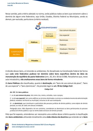 32
Nesse sentido, pelo critério adotado na norma, serão públicos todos os bens que estiverem sobre o
domínio de algum ente federativo, seja União, Estados, Distrito Federal ou Municípios, sendo os
demais, por exclusão, particulares (critério residual).
A divisão desses bens, aí incluindo os ambientais, foi disciplinada na Constituição Federal de forma
que cada ente federativo pudesse ter domínio sobre bens específicos dentro da ideia da
manutenção do equilíbrio do pacto federativo (arts. 20, 26 e 30 da CF/88). Ressaltamos que, nesta
aula introdutória, não analisaremos esses bens de forma minudente.
Os bens Públicos são classificados, quanto à destinação, em “bens de uso comum do povo”, “bens
de uso especial” e “bens dominicais”. Há previsão legal no art. 99 do Código Civil:
Código Civil
Art. 99. São bens públicos:
I - os de uso comum do povo, tais como rios, mares, estradas, ruas e praças;
II - os de uso especial, tais como edifícios ou terrenos destinados a serviço ou estabelecimento da administração
federal, estadual, territorial ou municipal, inclusive os de suas autarquias;
III - os dominicais, que constituem o patrimônio das pessoas jurídicas de direito público, como objeto de direito
pessoal, ou real, de cada uma dessas entidades.
Parágrafo único. Não dispondo a lei em contrário, consideram-se dominicais os bens pertencentes às pessoas
jurídicas de direito público a que se tenha dado estrutura de direito privado.
Pelo que foi exposto, entendemos ser necessário uma análise desse critério quanto à classificação
dos bens ambientais utilizando inicialmente uma visão clássica da doutrina que entende ser o bem
Públicos
Uso comum do povo
Uso especial
Quanto à
Destinação
Dominicais
Federais
CLASSIFICAÇÃO
dos Bens
Privados
Quanto à
Titularidade Estaduais / Distrital
Municipais
Luis Carlos Miranda de Oliveira
Aula 00
Direito Ambiental p/ Magistratura Estadual 2021 (Curso Regular)
www.estrategiaconcursos.com.br
1964601
 