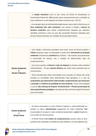 41
Direito Ambiental
e
Direito Tributário
- Essa relação é facilmente percebida entre esses ramos do Direito quando o
tributo (impostos, taxas, contribuições) é usado como instrumento de proteção
ambiental (característica extrafiscal dos tributos – não visando necessariamente
a acumulação de riqueza, mas a indução de determinados tipos de
comportamentos).
- Isso ocorre quando se diminui o valor da alíquota do imposto sobre produtos
industrializados – IPI para veículos elétricos que serão menos poluentes que os
convencionais.
- Outro exemplo típico dessa interrelação ocorre quando um tributo não incide
(isenção ou imunidade) sobre determinados fatos geradores. É o caso de
proprietários que desenvolvem determinados comportamentos que favorecem
a proteção e a melhoria da qualidade do meio ambiente. Temos como exemplo
o caso da não cobrança do Imposto Territorial Rural – ITR para preservação de
áreas especialmente protegidas a exemplo das Áreas de Preservação Permanente
(caso de isenção).
Direito Ambiental
e
Direito Penal
- Os danos provocados ao meio ambiente implicam a responsabilização do
Infrator na esfera administrativa (pagamento de multa ambiental) civil
(necessidade de recuperar o dano ambiental perpetrado) e penal (fixação de
uma sanção de natureza penal);
- O Direito Penal é um indutor de comportamentos quando tutela os bens
jurídicos mais relevantes no âmbito do meio ambiente. Um dos objetivos das
- A relação harmônica entre os dois ramos do Direito foi disciplinada na
Constituição Federal de 1988 quando previu expressamente que a proteção ao
meio ambiente é um dos objetivos da ordem econômica (art. 170, VI).
- Um exemplo típico da interdisciplinaridade desses ramos está no fato de que os
bens ambientais têm valor econômico. Isso autoriza o Estado a intervir no
domínio econômico para induzir comportamentos daqueles que exploram
atividade econômica, como no caso das concessões florestais realizadas pelo
Serviço Florestal Brasileiro em Unidades de Conservação Federal.
Luis Carlos Miranda de Oliveira
Aula 00
Direito Ambiental p/ Magistratura Estadual 2021 (Curso Regular)
www.estrategiaconcursos.com.br
1964601
 