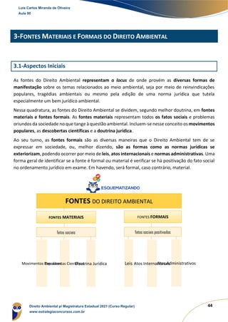 44
3-FONTES MATERIAIS E FORMAIS DO DIREITO AMBIENTAL
3.1-Aspectos Iniciais
As fontes do Direito Ambiental representam o locus de onde provém as diversas formas de
manifestação sobre os temas relacionados ao meio ambiental, seja por meio de reinvindicações
populares, tragédias ambientais ou mesmo pela edição de uma norma jurídica que tutela
especialmente um bem jurídico ambiental.
Nessa quadratura, as fontes do Direito Ambiental se dividem, segundo melhor doutrina, em fontes
materiais e fontes formais. As fontes materiais representam todos os fatos sociais e problemas
oriundos da sociedade no que tange à questão ambiental. Incluem-se nesse conceito os movimentos
populares, as descobertas científicas e a doutrina jurídica.
Ao seu turno, as fontes formais são as diversas maneiras que o Direito Ambiental tem de se
expressar em sociedade, ou, melhor dizendo, são as formas como as normas jurídicas se
exteriorizam, podendo ocorrer por meio de leis, atos internacionais e normas administrativas. Uma
forma geral de identificar se a fonte é formal ou material é verificar se há positivação do fato social
no ordenamento jurídico em exame. Em havendo, será formal, caso contrário, material.
FONTES DO DIREITO AMBIENTAL
FONTES MATERIAIS
fatos sociais
Movimentos Populares
Descobertas Científicas
Doutrina Jurídica
FONTES FORMAIS
fatos sociais positivados
Leis Atos Internacionais
Atos Administrativos
Luis Carlos Miranda de Oliveira
Aula 00
Direito Ambiental p/ Magistratura Estadual 2021 (Curso Regular)
www.estrategiaconcursos.com.br
1964601
 