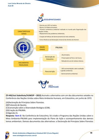 48
(TJ-MS/Juiz Substituto/VUNESP – 2015) Assinale a alternativa com um dos documentos votados na
Conferência das Nações Unidas sobre Meio Ambiente Humano, em Estocolmo, em junho de 1972.
(A)Declaração de Princípios Sobre Florestas.
(B)Protocolo de Quioto.
(C)Convenção sobre a Diversidade Biológica (CDB).
(D)Criação do PNUMA.
(E)Agenda 21.
Resposta: Item D. Na Conferência de Estocolmo, foi criado o Programa das Nações Unidas sobre o
Meio Ambiente-PNUMA para implementação do Plano de Ação e acompanhamento dos demais
temas ambientais. Demais documentos das alternativas: a Declaração de Princípios Sobre Florestas
- 26 princípios;
- Preservação da Flora e da Fauna;
- Redução de uso de resíduos tóxicos;
- Apoio financeiro aos países
DOCUMENTOS
PRODUZIDOS
Declaração de
Estocolmo
Plano de Ação
ÓRGÃO
CRIADO
PNUMA
(ONU Meio Ambiente)
CARACTERÍSTICAS
GERAIS
- Ocorreu em 1972 na Suécia;
- Reuniu 113 líderes de países;
- Primeira conferência ambiental realizada no mundo pela Organização das
Nações Unidas;
- Mapeamento dos problemas ambientais;
- Criação de Políticas de Gerenciamento do meio ambiente;
- Forte influência da Declaração Universal dos Direitos do Homem.
- 109 recomendações sobre avaliação
e gestão ambiental;
- Gerenciamento ambiental;
Luis Carlos Miranda de Oliveira
Aula 00
Direito Ambiental p/ Magistratura Estadual 2021 (Curso Regular)
www.estrategiaconcursos.com.br
1964601
 