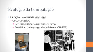 Evolução da Computação
 Geração 1 –Válvulas (1945-1955)
 COLOSSUS (1943)
◾Governo britânico -Tommy Flowers (Turing)
◾Decodificar mensagens geradas pela Lorenz (ENIGMA)
 