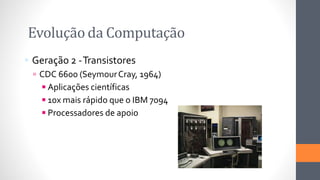 Evolução da Computação
 Geração 2 -Transistores
 CDC 6600 (SeymourCray, 1964)
◾Aplicações científicas
◾10x mais rápido que o IBM 7094
◾Processadores de apoio
 