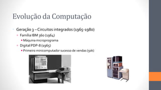 Evolução da Computação
 Geração 3 –Circuitos integrados (1965-1980)
 Família IBM 360 (1964)
◾Máquina microprograma
 Digital PDP-8 (1965)
◾Primeiro minicomputador sucesso de vendas (50k)
 