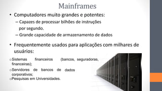 Mainframes
19
• Computadores muito grandes e potentes:
– Capazes de processar bilhões de instruções
por segundo.
– Grande capacidade de armazenamento de dados
• Frequentemente usados para aplicações com milhares de
usuários:
oSistemas financeiros (bancos, seguradoras,
financeiras);
dados
oServidores de bancos de
corporativos;
oPesquisas em Universidades.
 