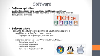 Software
• Software aplicativo
–aplicações criadas para solucionar problemas específicos,
Exemplos: contabilidade, folha de pagamento, correção de provas, editor de
texto, planilha eletrônica.
• Software básico
conjunto de softwares que permite ao usuário criar, depurar e
modificar as aplicações criadas por ele
• Linguagens de programação, utilitários e etc.
– Sistema operacional (ex: Windows, Linux, Mac, ...)
• Gerência de memória
• Gerência de processador
• Gerência de arquivos
• Gerência de dispositivos de E/S
 