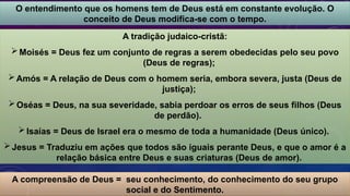O entendimento que os homens tem de Deus está em constante evolução. O
conceito de Deus modifica-se com o tempo.
A compreensão de Deus = seu conhecimento, do conhecimento do seu grupo
social e do Sentimento.
A tradição judaico-cristã:
Moisés = Deus fez um conjunto de regras a serem obedecidas pelo seu povo
(Deus de regras);
Amós = A relação de Deus com o homem seria, embora severa, justa (Deus de
justiça);
Oséas = Deus, na sua severidade, sabia perdoar os erros de seus filhos (Deus
de perdão).
Isaías = Deus de Israel era o mesmo de toda a humanidade (Deus único).
Jesus = Traduziu em ações que todos são iguais perante Deus, e que o amor é a
relação básica entre Deus e suas criaturas (Deus de amor).
 