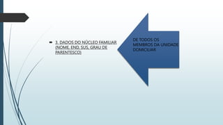 3. DADOS DO NÚCLEO FAMILIAR
(NOME, END, SUS, GRAU DE
PARENTESCO)
DE TODOS OS
MEMBROS DA UNIDADE
DOMICILIAR
 