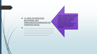  12. NÍVEL DE PATOLOGIA
RELACIONAL DOS
FAMILIARES/SOLIDARIEDADE DO
CONTEXTO SOCIAL
 _______________________________________
_______________________________________
_______________________________________
_________________________________
APONTA A NECESSIDADE DE TRANSPOR
O FOCO DO SUJEITO ÍNDICE PARA OS
DEMAIS MEMBROS DA UNIDADE
FAMILIAR, SUAS DIFICULDADES E
POTENCIALIDADES, LIMITES E
RECURSOS. ESPAÇO PARA
RACIONALIDADES DE SAÚDE PARA
TODO O CONTEXTO FAMILIAR E
PODEMOS DIZER TAMBÉM DO
TERRITÓRIO
 