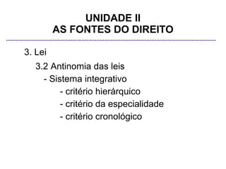 UNIDADE II
         AS FONTES DO DIREITO

3. Lei
   3.2 Antinomia das leis
     - Sistema integrativo
          - critério hierárquico
          - critério da especialidade
          - critério cronológico
 