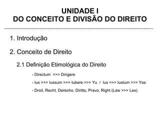 UNIDADE I
 DO CONCEITO E DIVISÃO DO DIREITO

1. Introdução

2. Conceito de Direito
  2.1 Definição Etimológica do Direito
        - Directum >>> Dirigere
        - Ius >>> Iussum >>> Iubere >>> Yu / Ius >>> Iustum >>> Yos
        - Droit, Recht, Derecho, Diritto, Pravo, Right (Law >>> Lex)
 
