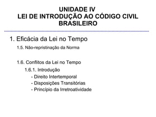 UNIDADE IV
  LEI DE INTRODUÇÃO AO CÓDIGO CIVIL
              BRASILEIRO

1. Eficácia da Lei no Tempo
  1.5. Não-repristinação da Norma


  1.6. Conflitos da Lei no Tempo
     1.6.1. Introdução
        - Direito Intertemporal
        - Disposições Transitórias
        - Princípio da Irretroatividade
 