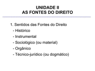 UNIDADE II
      AS FONTES DO DIREITO

1. Sentidos das Fontes do Direito
 - Histórico
 - Instrumental
 - Sociológico (ou material)
 - Orgânico
 - Técnico-jurídico (ou dogmático)
 