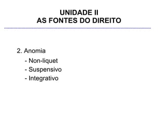 UNIDADE II
      AS FONTES DO DIREITO



2. Anomia
  - Non-liquet
  - Suspensivo
  - Integrativo
 
