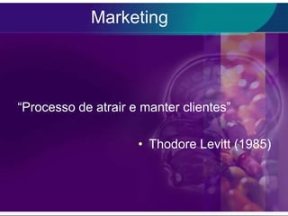 Marketing




“Processo de atrair e manter clientes”

                     • Thodore Levitt (1985)
 