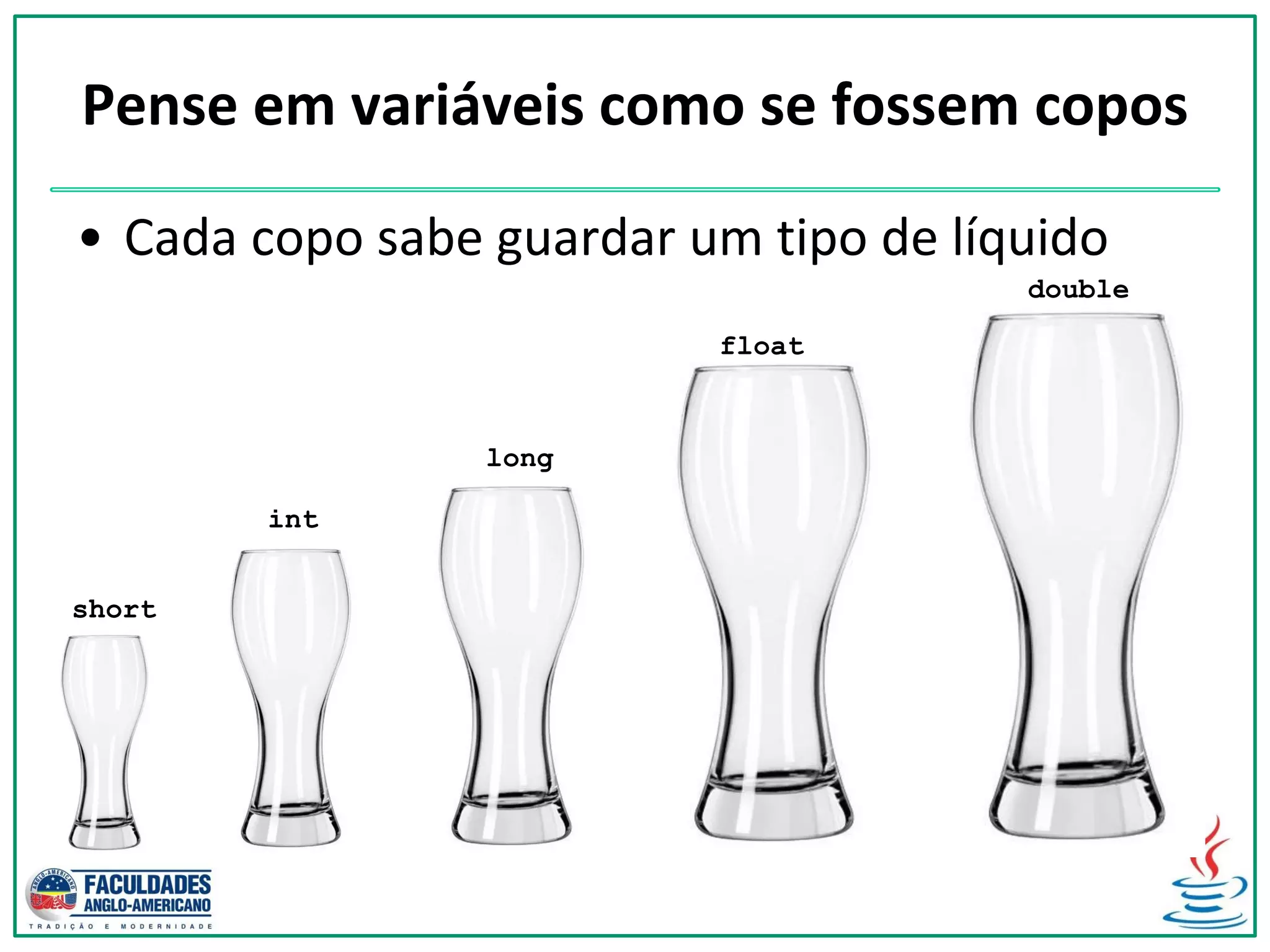 Pense em variáveis como se fossem copos
• Cada copo sabe guardar um tipo de líquido
short
int
long
float
double
 