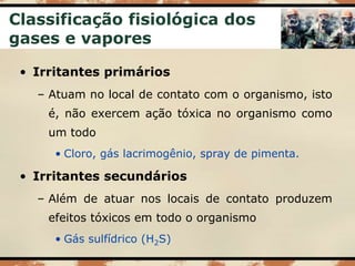 Classificação fisiológica dos
gases e vapores
• Irritantes primários
– Atuam no local de contato com o organismo, isto
é, não exercem ação tóxica no organismo como
um todo
• Cloro, gás lacrimogênio, spray de pimenta.
• Irritantes secundários
– Além de atuar nos locais de contato produzem
efeitos tóxicos em todo o organismo
• Gás sulfídrico (H2S)
 