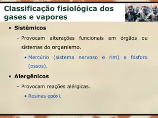 Classificação fisiológica dos
gases e vapores
• Sistêmicos
– Provocam alterações funcionais em órgãos ou
sistemas do organismo.
• Mercúrio (sistema nervoso e rim) e fósforo
(ossos).
• Alergênicos
– Provocam reações alérgicas.
• Resinas epóxi.
 