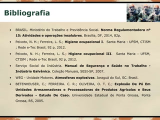 Bibliografia
• BRASIL. Ministério do Trabalho e Previdência Social. Norma Regulamentadora nº
15: Atividades e operações insalubres. Brasília, DF, 2014, 82p.
• Peixoto, N. H.; Ferreira, L. S.; Higiene ocupacional I. Santa Maria : UFSM, CTISM
; Rede e-Tec Brasil, 92 p, 2012.
• Peixoto, N. H.; Ferreira, L. S.; Higiene ocupacional III. Santa Maria : UFSM,
CTISM ; Rede e-Tec Brasil, 92 p, 2012.
• Serviço Social da Indústria. Manual de Segurança e Saúde no Trabalho -
Indústria Galvânica. Coleção Manuais, SESI-SP, 2007.
• WEG - Unidade Motores. Atmosferas explosivas. Jaraguá do Sul, SC. Brasil.
• BETENHEUSER, C.; FERREIRA. C. R.; OLIVEIRA, O. T. C.; Explosão De Pó Em
Unidades Armazenadoras e Processadoras de Produtos Agrícolas e Seus
Derivados - Estudo De Caso. Universidade Estadual de Ponta Grossa, Ponta
Grossa, RS, 2005.
 