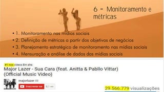 6 Monitoramento e
métricas
• 1. Monitoramento nas mídias sociais
• 2. Definição de métricas a partir dos objetivos de negócios
• 3. Planejamento estratégico de monitoramento nas mídias sociais
• 4. Mensuração e análise de dados das mídias sociais
 