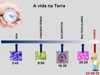 A vida na Terra
3:42
VIDA
EUCARIOTOS
HOMEM
CIANOBACTÉRIAS
MULTICELULARES
9:00
16:30
20:24
23:58:43
 