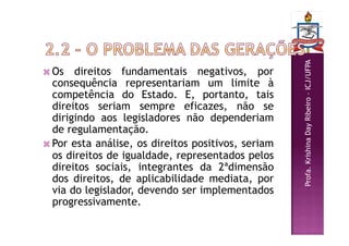 Profa.
Krishina
Day
Ribeiro
–
ICJ/UFPA
 Os direitos fundamentais negativos, por
consequência representariam um limite à
competência do Estado. E, portanto, tais
direitos seriam sempre eficazes, não se
dirigindo aos legisladores não dependeriam
de regulamentação.
 Por esta análise, os direitos positivos, seriam
os direitos de igualdade, representados pelos
direitos sociais, integrantes da 2ªdimensão
dos direitos, de aplicabilidade mediata, por
via do legislador, devendo ser implementados
progressivamente.
 