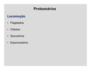 Protozoários
Locomoção
• Flagelados
• Ciliados
• Sarcodinos
• Esporozoários
 