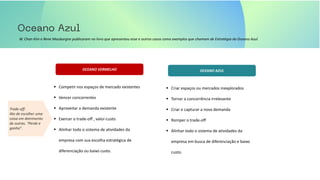 W. Chan Kim e Rene Mauborgne publicaram no livro que apresentou esse e outros casos como exemplos que chamam de Estratégia do Oceano Azul.
OCEANO VERMELHO OCEANO AZUL
▪ Competir nos espaços de mercado existentes
▪ Vencer concorrentes
▪ Aproveitar a demanda existente
▪ Exercer o trade-off , valor-custo
▪ Alinhar todo o sistema de atividades da
empresa com sua escolha estratégica de
diferenciação ou baixo custo.
▪ Criar espaços ou mercados inexplorados
▪ Tornar a concorrência irrelevante
▪ Criar e capturar a nova demanda
▪ Romper o trade-off
▪ Alinhar todo o sistema de atividades da
empresa em busca de diferenciação e baixo
custo.
Trade-off:
Ato de escolher uma
coisa em detrimento
de outras. “Perde e
ganha”.
 