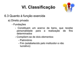 VI. Classificação
6.3 Quanto à função exercida
  a) Direito privado
     - Fundações
        - Constituem um acervo de bens, que recebe
          personalidade para a realização de fins
          determinados
        - Compõem-se de dois elementos:
           - Patrimônio
           - Fim (estabelecido pelo instituidor e não
             lucrativo)
 