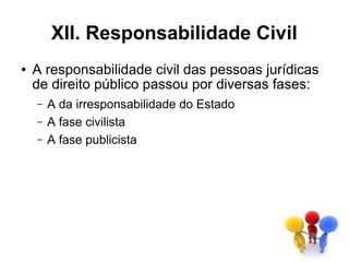 XII. Responsabilidade Civil
●   A responsabilidade civil das pessoas jurídicas
    de direito público passou por diversas fases:
    –   A da irresponsabilidade do Estado
    –   A fase civilista
    –   A fase publicista
 