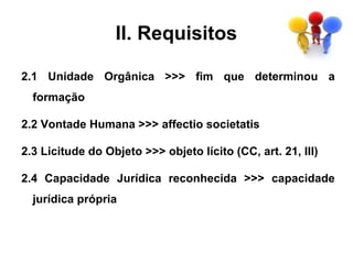II. Requisitos

2.1 Unidade Orgânica >>> fim que determinou a
  formação

2.2 Vontade Humana >>> affectio societatis

2.3 Licitude do Objeto >>> objeto lícito (CC, art. 21, III)

2.4 Capacidade Jurídica reconhecida >>> capacidade
  jurídica própria
 