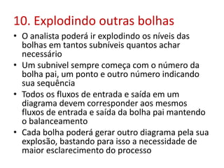 10. Explodindo outras bolhas
• O analista poderá ir explodindo os níveis das
bolhas em tantos subníveis quantos achar
necessário
• Um subnivel sempre começa com o número da
bolha pai, um ponto e outro número indicando
sua sequência
• Todos os fluxos de entrada e saída em um
diagrama devem corresponder aos mesmos
fluxos de entrada e saída da bolha pai mantendo
o balanceamento
• Cada bolha poderá gerar outro diagrama pela sua
explosão, bastando para isso a necessidade de
maior esclarecimento do processo

 