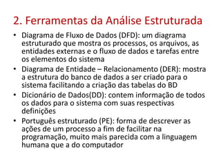 2. Ferramentas da Análise Estruturada
• Diagrama de Fluxo de Dados (DFD): um diagrama
estruturado que mostra os processos, os arquivos, as
entidades externas e o fluxo de dados e tarefas entre
os elementos do sistema
• Diagrama de Entidade – Relacionamento (DER): mostra
a estrutura do banco de dados a ser criado para o
sistema facilitando a criação das tabelas do BD
• Dicionário de Dados(DD): contem informação de todos
os dados para o sistema com suas respectivas
definições
• Português estruturado (PE): forma de descrever as
ações de um processo a fim de facilitar na
programação, muito mais parecida com a linguagem
humana que a do computador

 