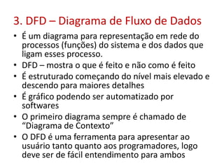 3. DFD – Diagrama de Fluxo de Dados
• É um diagrama para representação em rede do
processos (funções) do sistema e dos dados que
ligam esses processo.
• DFD – mostra o que é feito e não como é feito
• É estruturado começando do nível mais elevado e
descendo para maiores detalhes
• É gráfico podendo ser automatizado por
softwares
• O primeiro diagrama sempre é chamado de
“Diagrama de Contexto”
• O DFD é uma ferramenta para apresentar ao
usuário tanto quanto aos programadores, logo
deve ser de fácil entendimento para ambos

 