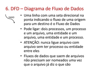 6. DFD – Diagrama de Fluxo de Dados
DADO

• Uma linha com uma seta direcional na
ponta indicando o fluxo de uma origem
para um destino é o Fluxo de Dados
• Pode ligar: dois processos, um processo
e um arquivo, uma entidade e um
arquivo, uma entidade e um processo.
• ATENÇÂO: nunca ligue arquivo com
arquivo sem ter processo ou entidade
entre eles
• Fluxos de dados que saem de arquivos
não precisam ser nomeados uma vez
que o arquivo já diz o que são

 