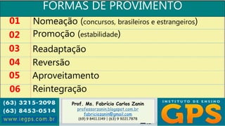Prof. Ms. Fabrício Carlos Zanin
professorzanin.blogspot.com.br
fabriciozanin@gmail.com
(69) 9 8411.1149 | (63) 9 9221.7878
FORMAS DE PROVIMENTO
01
02
03
04
Nomeação (concursos, brasileiros e estrangeiros)
Promoção (estabilidade)
Readaptação
Reversão
05 Aproveitamento
06 Reintegração
 