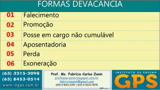 Prof. Ms. Fabrício Carlos Zanin
professorzanin.blogspot.com.br
fabriciozanin@gmail.com
(69) 9 8411.1149 | (63) 9 9221.7878
FORMAS DEVACÂNCIA
01
02
03
04
Falecimento
Promoção
Posse em cargo não cumulável
Aposentadoria
05 Perda
06 Exoneração
 