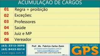 Prof. Ms. Fabrício Carlos Zanin
professorzanin.blogspot.com.br
fabriciozanin@gmail.com
(69) 9 8411.1149 | (63) 9 9221.7878
ACUMULAÇÃO DE CARGOS
01
02
03
04
Regra = proibição
Exceções:
Professores
Saúde
05 Juiz e MP
06 Vereador
 