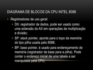DIAGRAMA DE BLOCOS DA CPU INTEL 8088
• Registradores de uso geral:
• DX: registrador de dados, pode ser usado como
uma extensão do AX em operações de multiplicação
e divisão;
• SP: stack pointer, aponta para o topo da memória
do tipo pilha usada pelo 8088;
• BP: base pointer, é usado para endereçamento de
memória (registrador de base para a pilha). Pode
conter o endereço inicial de uma tabela a ser
manipulada pela CPU;
 