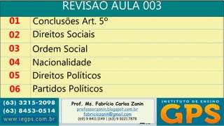 Prof. Ms. Fabrício Carlos Zanin
professorzanin.blogspot.com.br
fabriciozanin@gmail.com
(69) 9 8411.1149 | (63) 9 9221.7878
REVISÃO AULA 003
01
02
03
04
Conclusões Art. 5º
Direitos Sociais
Ordem Social
Nacionalidade
05 Direitos Políticos
06 Partidos Políticos
 