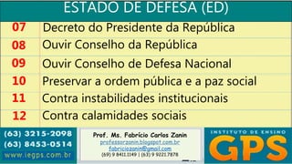 Prof. Ms. Fabrício Carlos Zanin
professorzanin.blogspot.com.br
fabriciozanin@gmail.com
(69) 9 8411.1149 | (63) 9 9221.7878
ESTADO DE DEFESA (ED)
07
08
09
10
Decreto do Presidente da República
Ouvir Conselho da República
Ouvir Conselho de Defesa Nacional
Preservar a ordem pública e a paz social
11 Contra instabilidades institucionais
12 Contra calamidades sociais
 