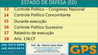 Prof. Ms. Fabrício Carlos Zanin
professorzanin.blogspot.com.br
fabriciozanin@gmail.com
(69) 9 8411.1149 | (63) 9 9221.7878
ESTADO DE DEFESA (ED)
13
14
15
16
Controle Político – Congresso Nacional
Controle Político Concomitante
Durante execução
Controle Político Sucessivo
17 Relatório de execução
18 Arts. 136,CF
 