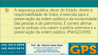 Prof. Ms. Fabrício Carlos Zanin
professorzanin.blogspot.com.br
fabriciozanin@gmail.com
(69) 9 8411.1149 | (63) 9 9221.7878
10 A segurança pública, dever do Estado, direito e
responsabilidade de todos, é exercida para a
preservação da ordem pública e da incolumidade
das pessoas e do patrimônio. É correto afirmar
que às polícias civis cabem a polícia ostensiva e a
preservação da ordem pública. (PM/GO/2010)
 