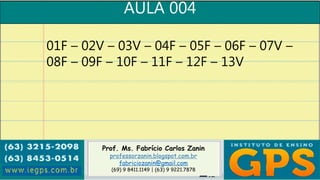Prof. Ms. Fabrício Carlos Zanin
professorzanin.blogspot.com.br
fabriciozanin@gmail.com
(69) 9 8411.1149 | (63) 9 9221.7878
AULA 004
01F – 02V – 03V – 04F – 05F – 06F – 07V –
08F – 09F – 10F – 11F – 12F – 13V
 