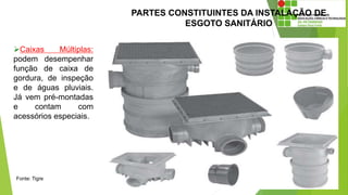 PARTES CONSTITUINTES DA INSTALAÇÃO DE
ESGOTO SANITÁRIO
Caixas Múltiplas:
podem desempenhar
função de caixa de
gordura, de inspeção
e de águas pluviais.
Já vem pré-montadas
e contam com
acessórios especiais.
Fonte: Tigre
 